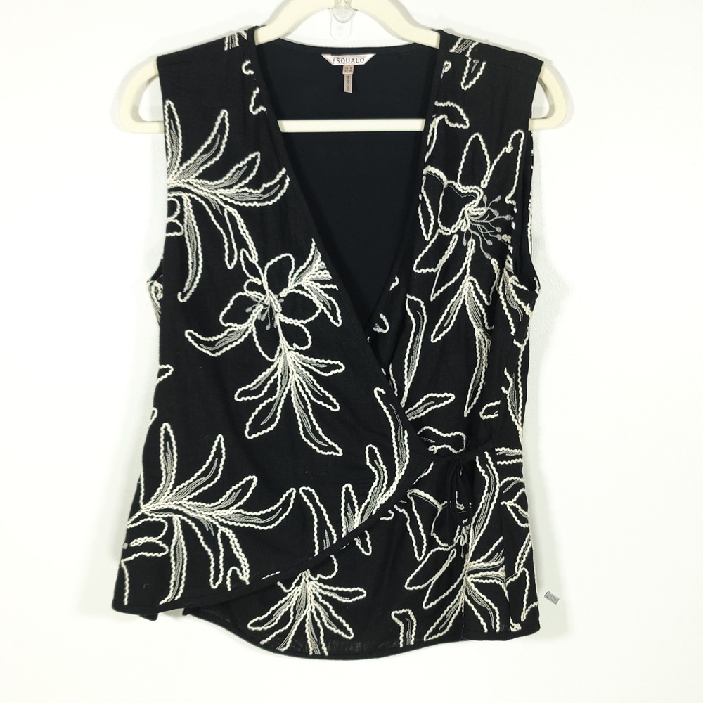 EsQualo Black Linen Viscose Embroidered Wrap Top US 8 Floral Boho Coastal
